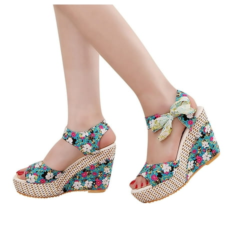 

Lyinloo Fashion Women Solid Summer Ladies Bandage Sandals Slope Heel Casual Beach Shoes Blue 35