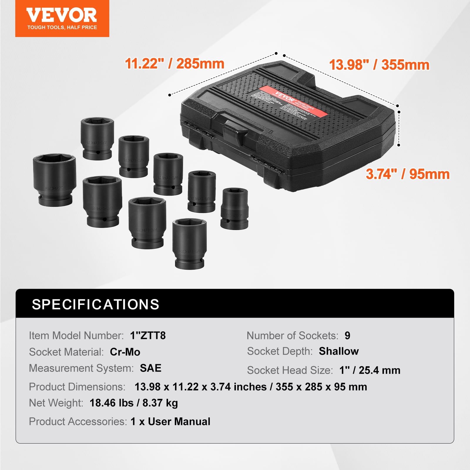 VEVOR Axle Nut Impact Socket Set, 1" Drive 6-Point 9-Piece SAE Spindle Nut Socket Set, CR-MO Heat Treated Large Socket Set with Storage Case, for Auto Repair, Removing or Installing Axle Nuts