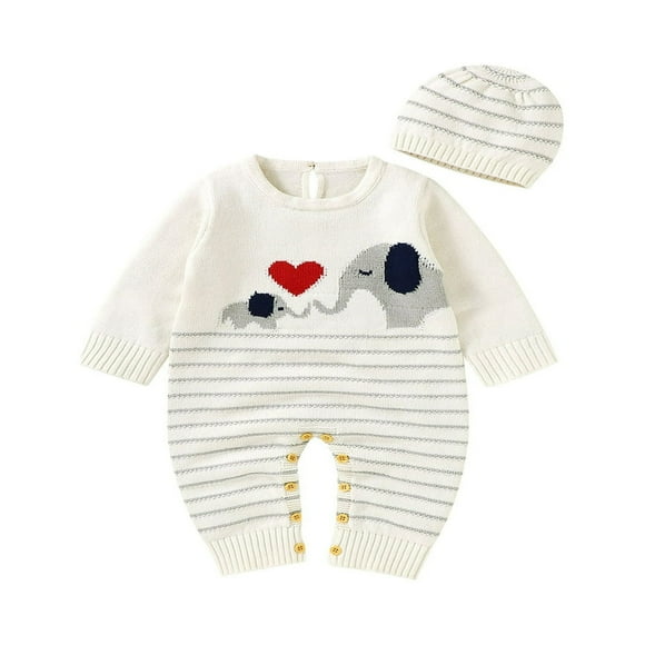 Infant Baby 2Pcs Winter Outfits Long Sleeve Elephant Heart Print Knit Jumpsuit with Beanie Hat Set White 0-3 Months