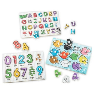 Wooden Toddler Puzzles and Rack Set - (6 Pack) Bundle with Storage Holder Rack and Learning Clock - Kids Educational Preschool Peg Puzzles for