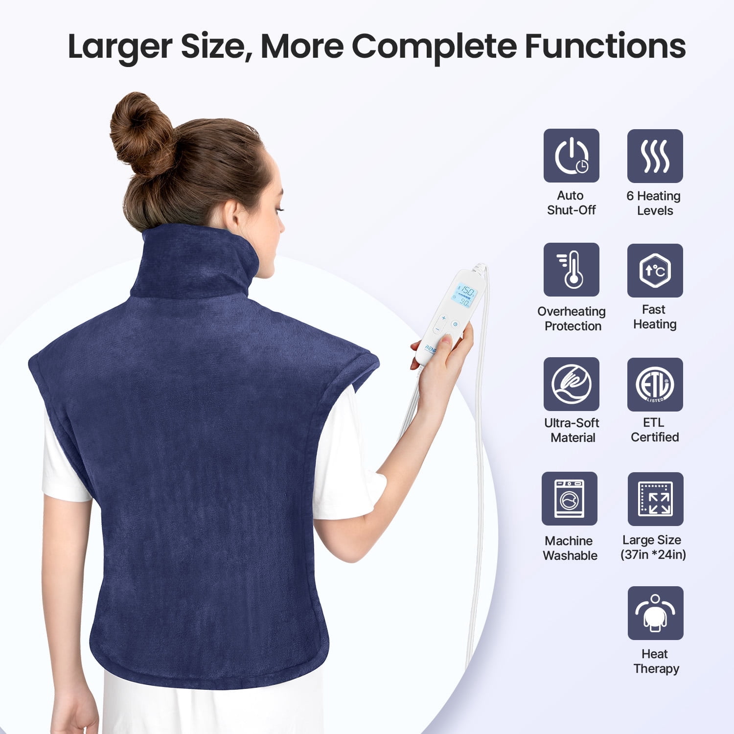 RENPHO "24x37" Shoulder Heating Pad for Back Pain Relief, Electric Large Heating Pad for Neck & Wrap with 6 Heat Settings & Auto Shut-Off, Birthday Gifts for Women Men, Dark Blue