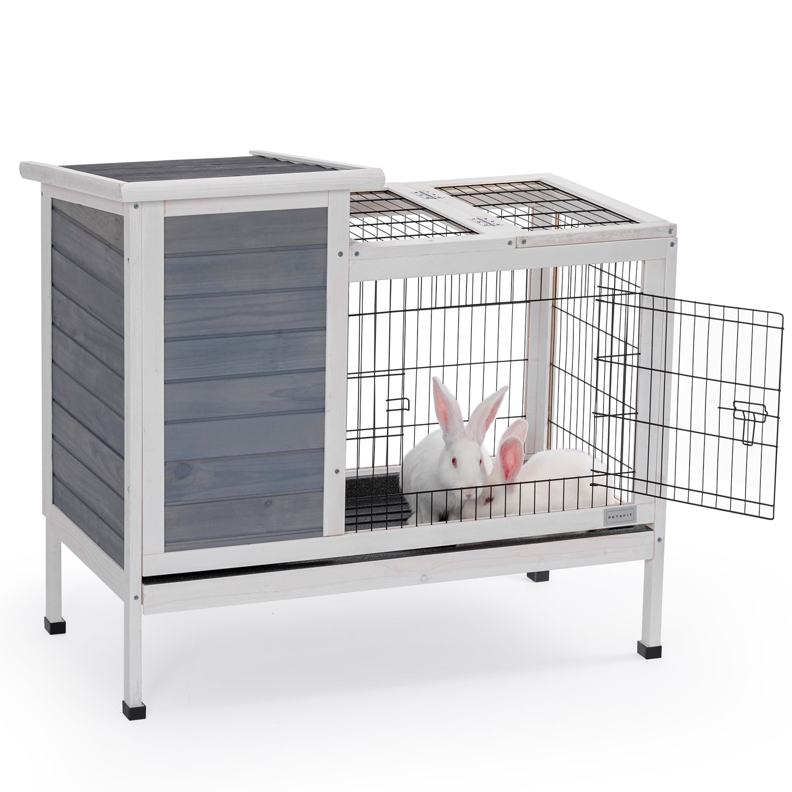 PETSFIT Guinea Pig House Leak Proof Design, Spruce Wood Rabbit Hutch with Bottom Net Hideout for Rest and Ramp for Enter and Out Solid Gray