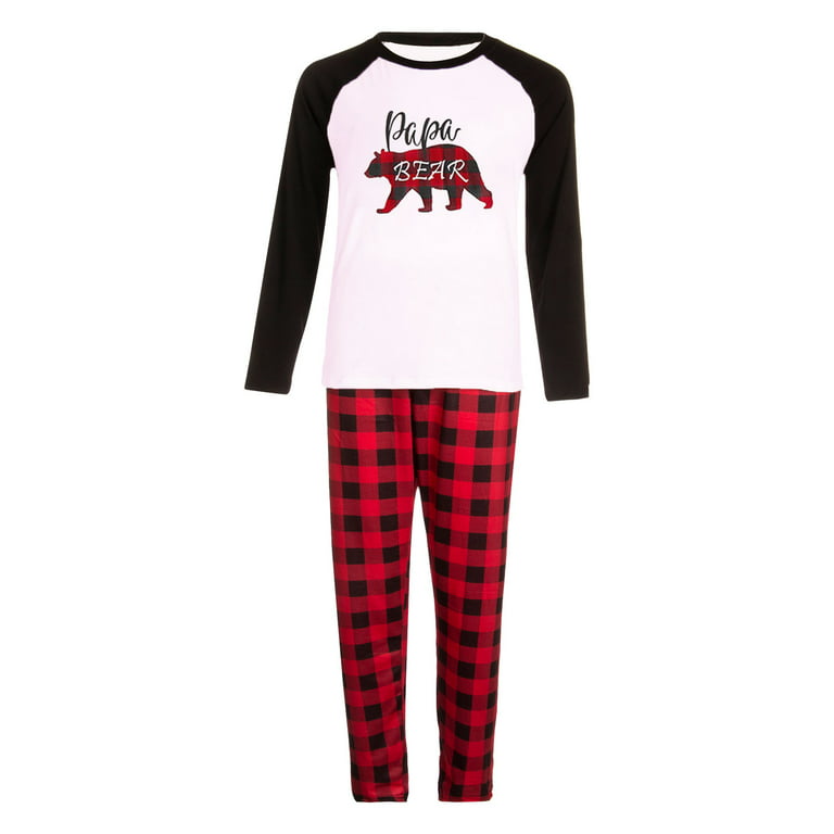 Family Matching Christmas Pajama Set Winter Holiday Polar Bear Print Long  Sleeve Top + Plaid Pants 