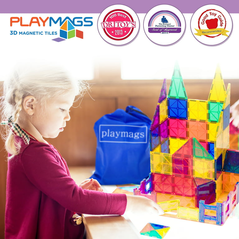 Playmags 150-Piece Magnetic Tiles Building Set – 3D Magnet Building Blocks,  Creative Imagination, Inspirational, Educational STEM Toys for Kids with 1