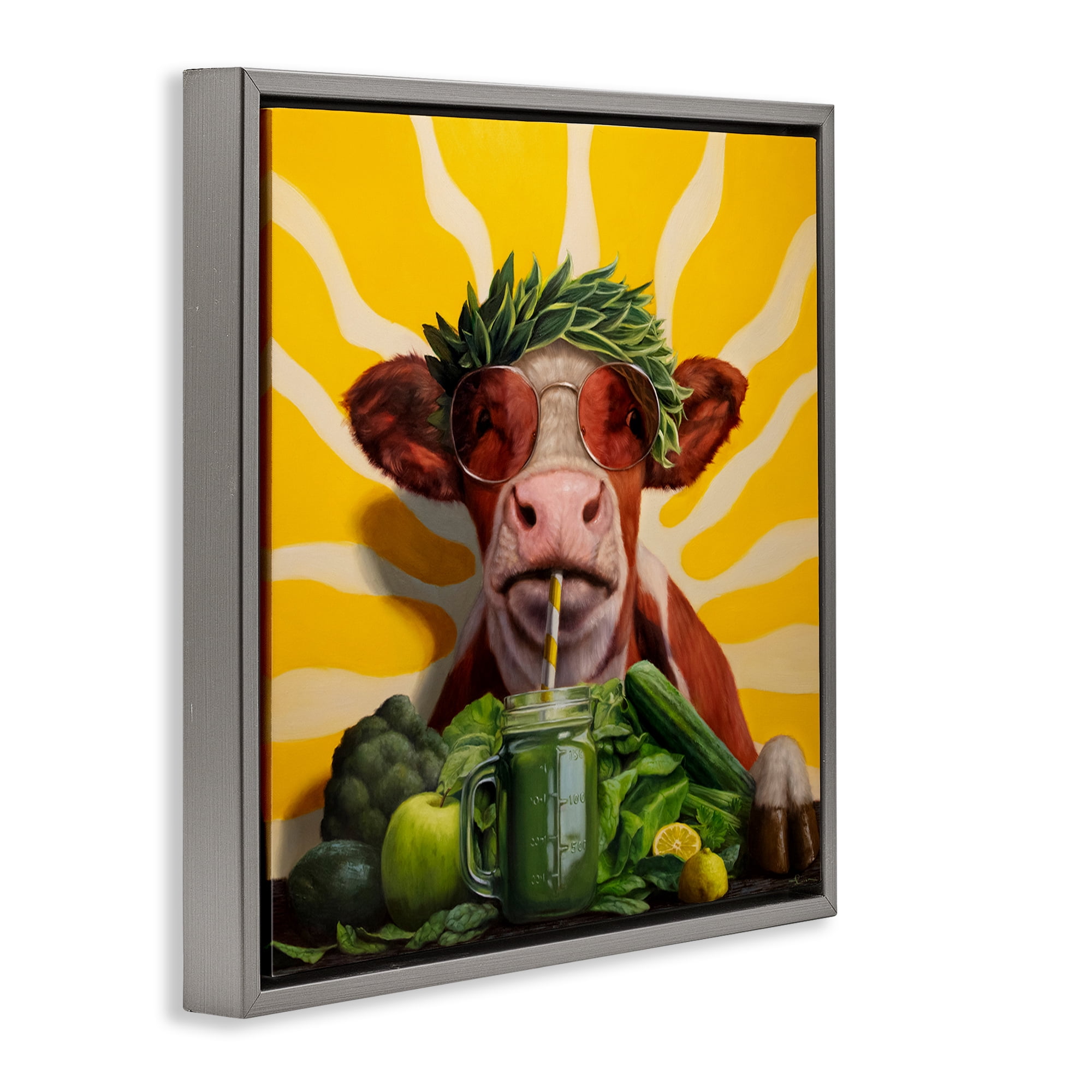 Stupell Industries Cow with Healthy Smoothie Food & Beverage Painting Gray Floater Framed Canvas Art Print Wall Art, 25 x 25