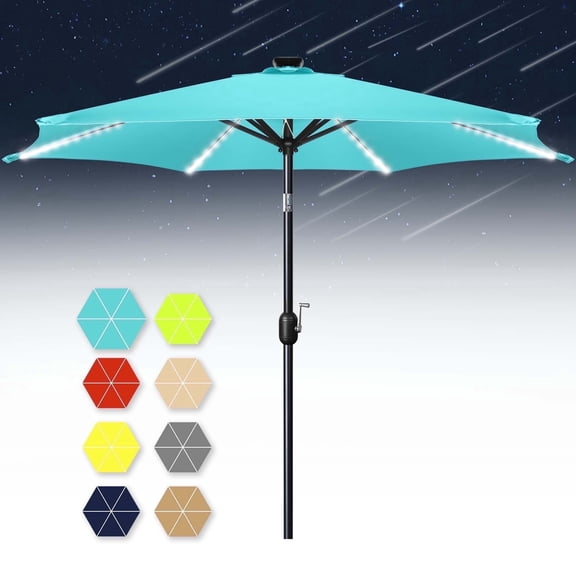 Scafild | 7.5FT Meteor Shower Lights Patio Umbrella, Outdoor Table Umbrella with 108 LED Solar Lights, Push Button Tilt and Crank, Market Umbrella for Garden, Deck, Backyard, Pool-Peacock Blue