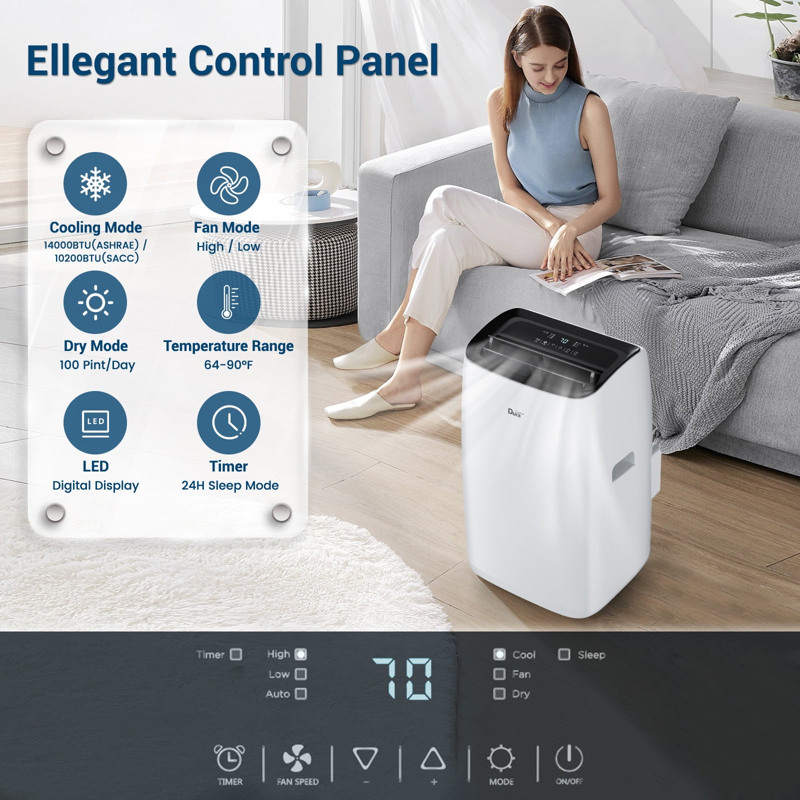 DuraComfort Portable Air Conditioner for Room, 14000 BTU, 450 Sq Ft, White, 10200BTU(SACC)