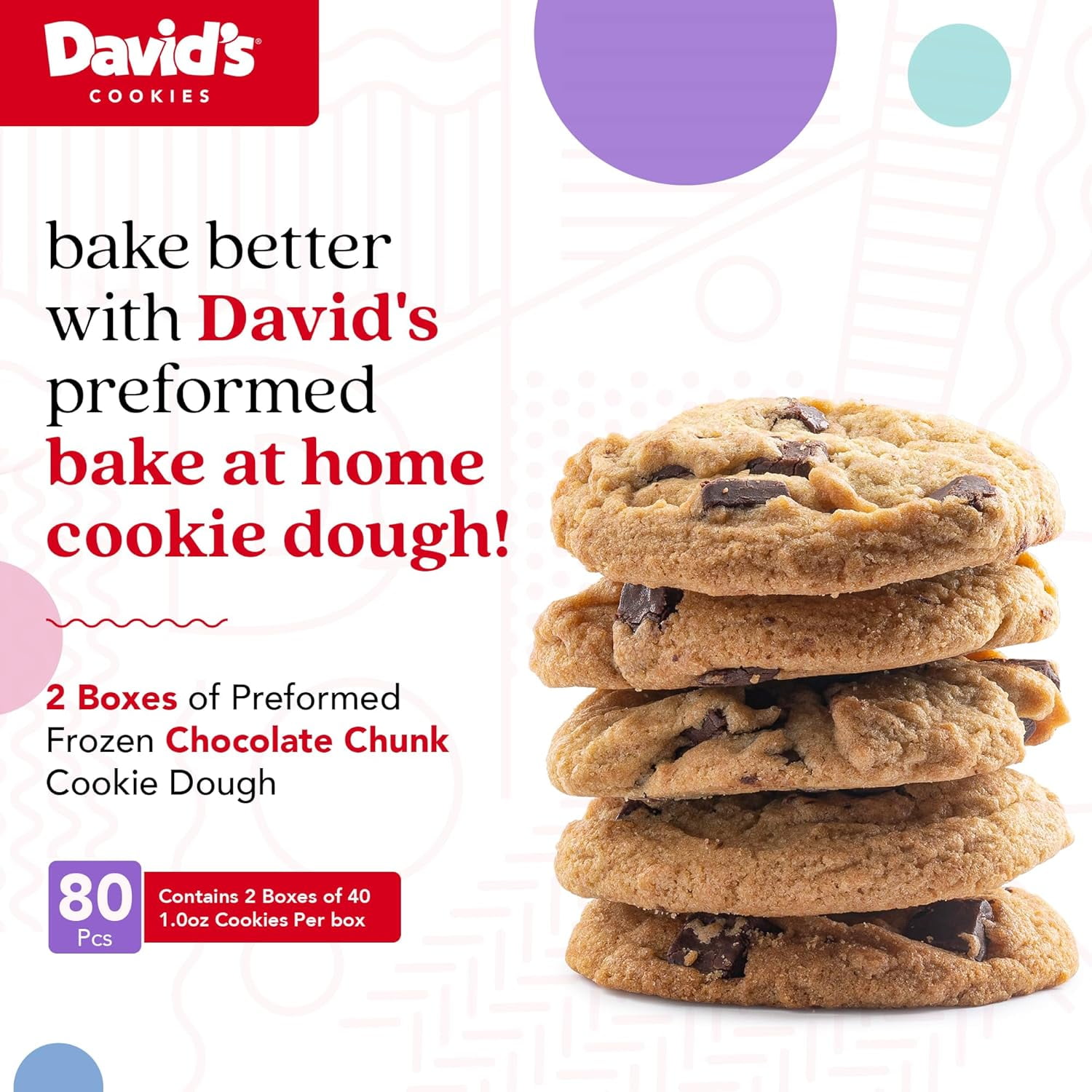 David's Cookies Preformed Frozen Cookie Dough, Chocolate Chunk, 80 Count