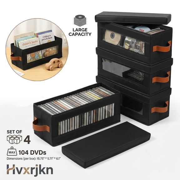 Adifare 4 Pack DVD Storage Box with Visible Window Dustproof DVD Case Holder Organizer with Lid and Handle Hold up to 104 Case CD Holder for CD Storage