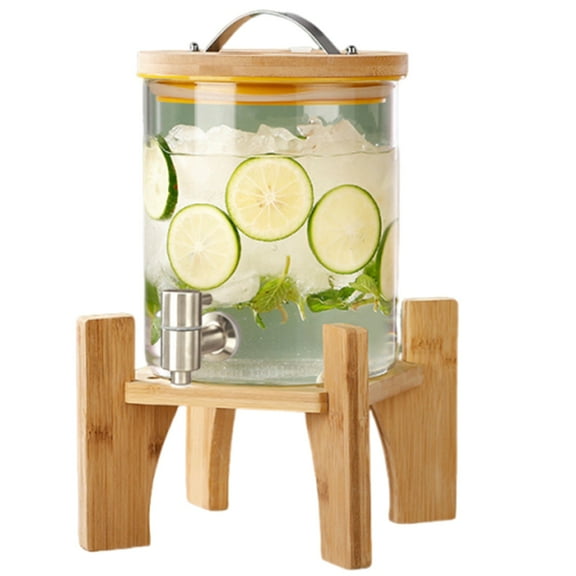 Glass Drinks Dispenser, 2.5L/4L/5L Water Dispenser With Tap And Cover, Wood Stand Cold Water Bottle Beverage Dispenser For Outdoor, Parties & Daily Use