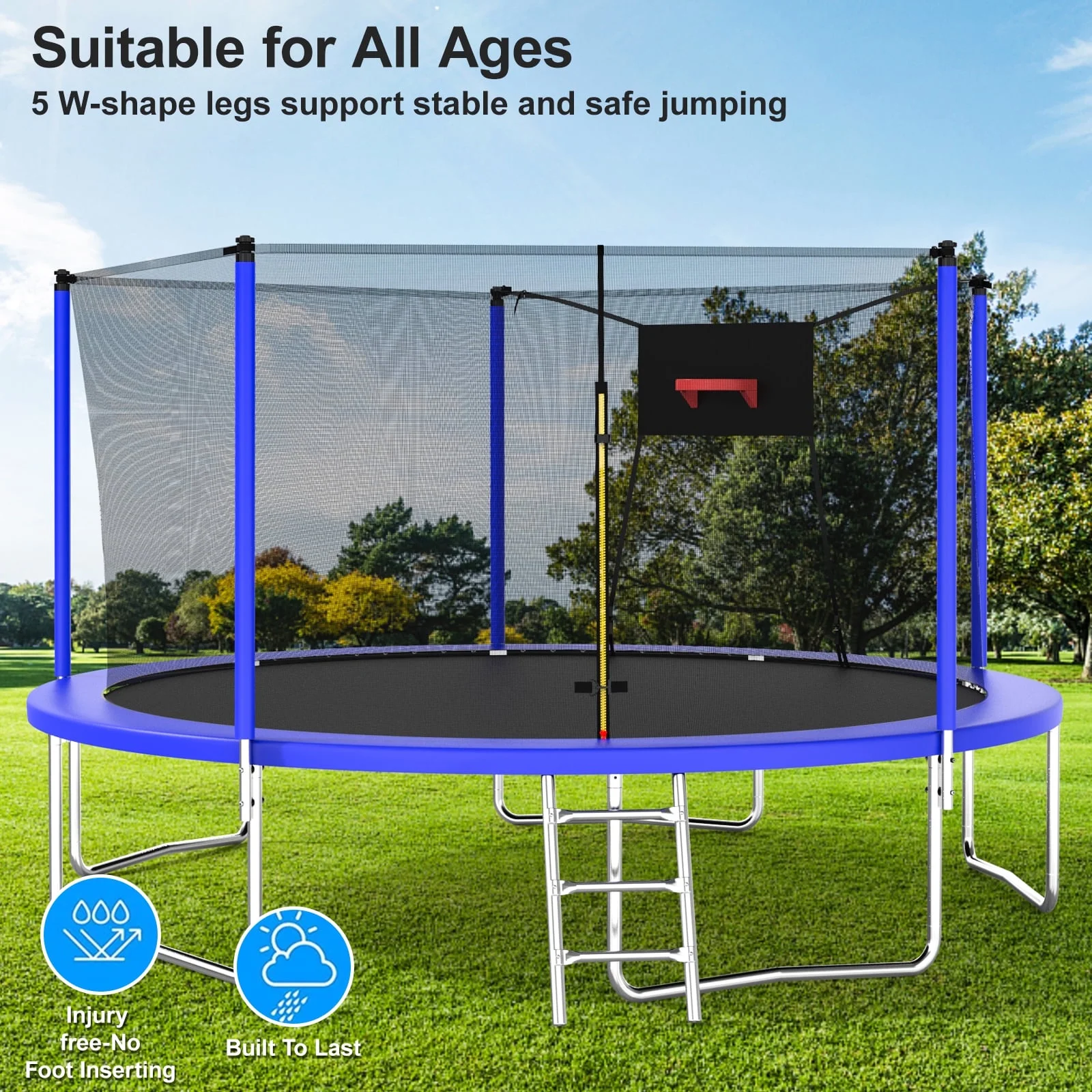 14FT Recreational Trampoline with Enclosure Net and Ladder, SEGMART Outdoor Trampoline with Basketball Hoop, Backyard Trampoline, Heavy Duty Round Trampoline for Kids and Adults