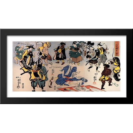 Otsu-e Paintings Coming Alive Triptych 40x22 Large Black Wood Framed Print Art by Utagawa Kuniyoshi