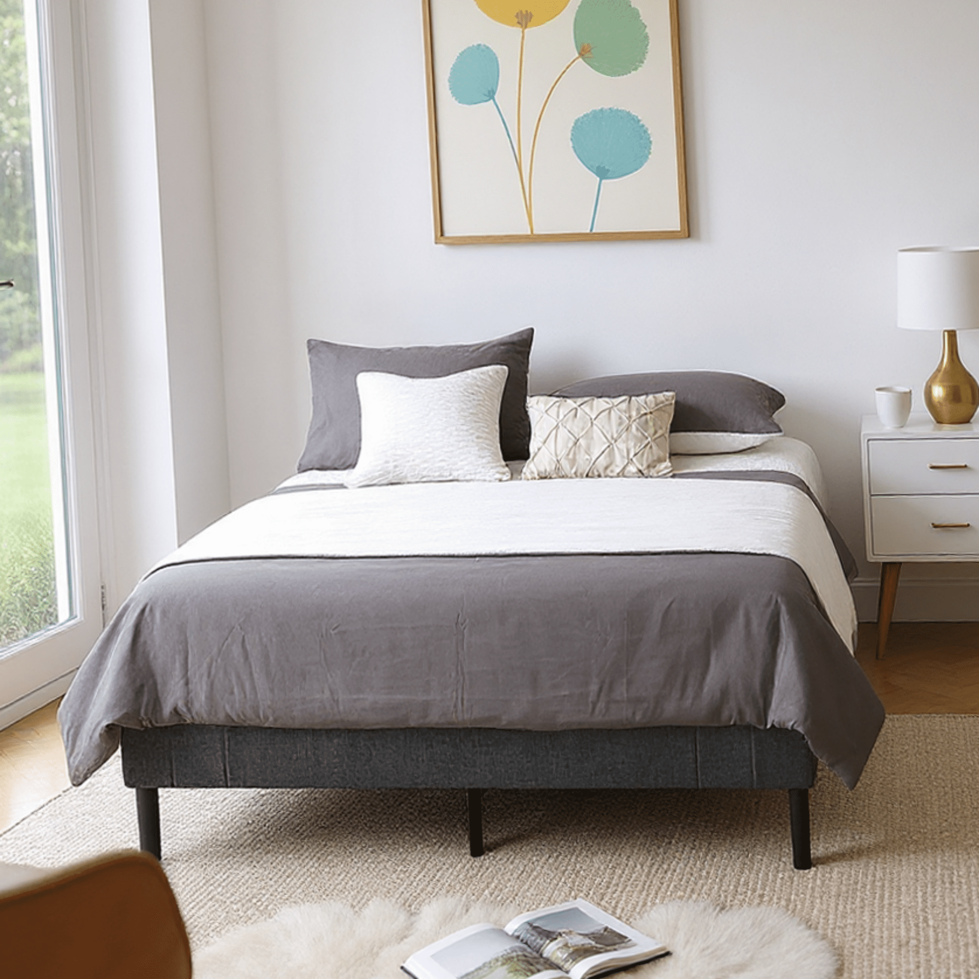 Gewnee Twin-size Thick Mattress Bed Frame, Featuring Sturdy Wooden Slat Support and a Center Leg.No Box Spring Required
