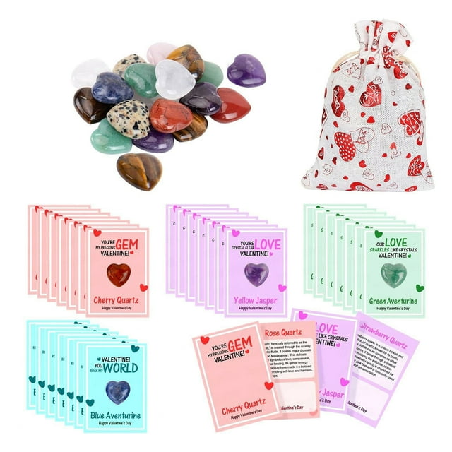 Greeting Card Set for Kids – Valentine's Day Cards with Natural Gemstone Rocks Bulk Classroom Exchange 28 Counts for Girls Boys School Family Classroom