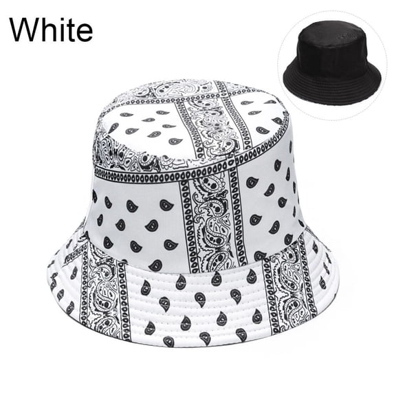 Hip Hop Cashew Print Fishing Reversible Bucket Hats Panama Hat Sun Hat Fisherman Hat WHITE