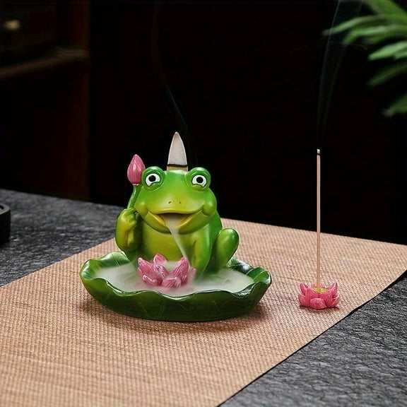 1pc Resin Backflow Incense Burner Creative Cute Frog Lotus Fragrance Holder Incense Stick Burner for Home Decor (Without Incense)