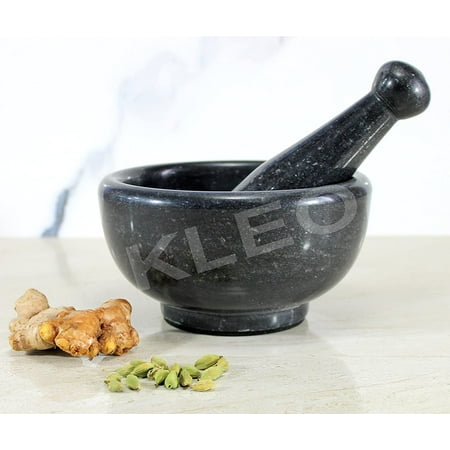 

KLEO - Natural Marble Mortar and Pestle Set as Spice Medicine Grinder Masher - Okhli and Musal | Kitchen Accessories | Natural Stone - 6 Inches Wide - Black