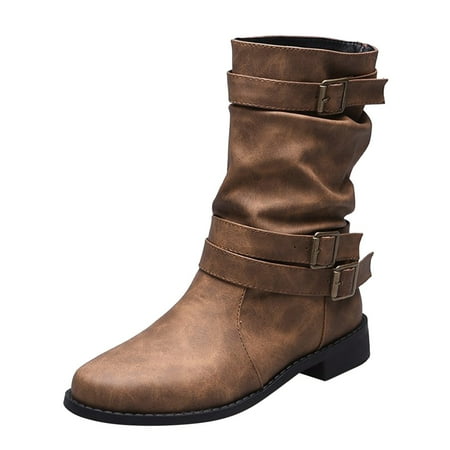 

PLLFRLRT Combat Boots Womens PU Warm Combat Boots Winter Boots Round Toe Buckle No Heel Vintage Western Boots Mid Calf Booties(Brown 9.5)
