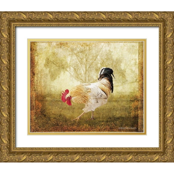 Bluebird Barn 24x20 Gold Ornate Wood Framed with Double Matting Museum Art Print Titled - Vintage Scratching Rooster