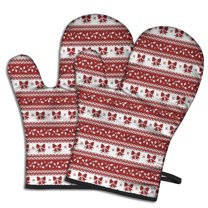 Cute Oven Mitts,Red Christmas Knitted Pattern Oven Mitt 2-Pack Set,Kitchen Gloves for Oven,Heat Resistant Oven Mitts 7.7"x12"