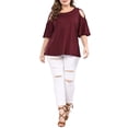 thumbnail image 4 of Unique Bargains Women's Plus Solid Strappy Cold Shoulder Trumpet Sleeve T-shirt, 4 of 5