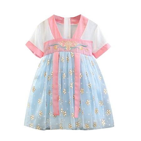 

Kids Toddler Baby Girls Fairy Hanfu Short Sleeve Flower Print Tulle Dress Princess Dress Tang Suit Performance Girls Cotton Dresses Size 6
