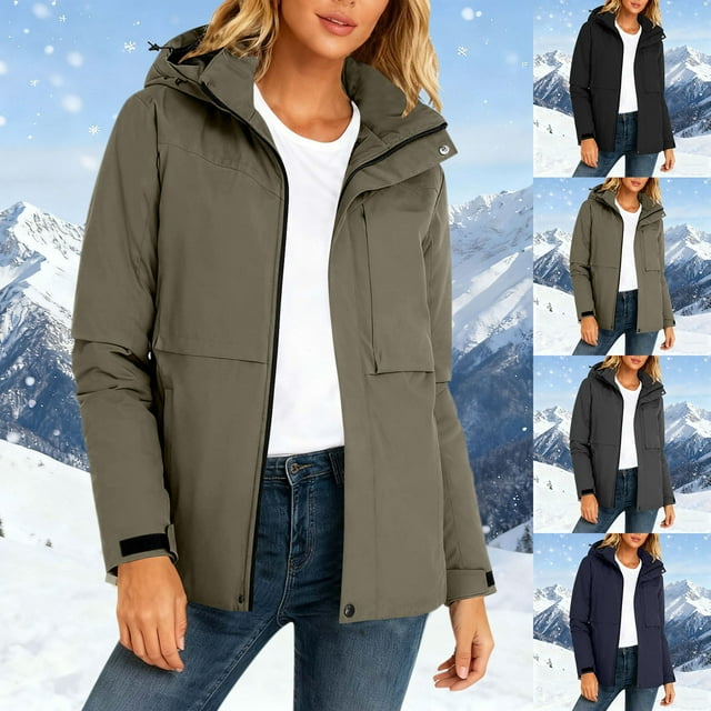 Sentmoon Manteau d'Hiver pour Femmes Veste pour Femmes Cadeaux pour Femmes Unique Manteau Uni à Fermeture Éclair Bouton Col Montant Poche à Capuche Manches Longues Décontracté à la Mode Parkas Automne et Hiver