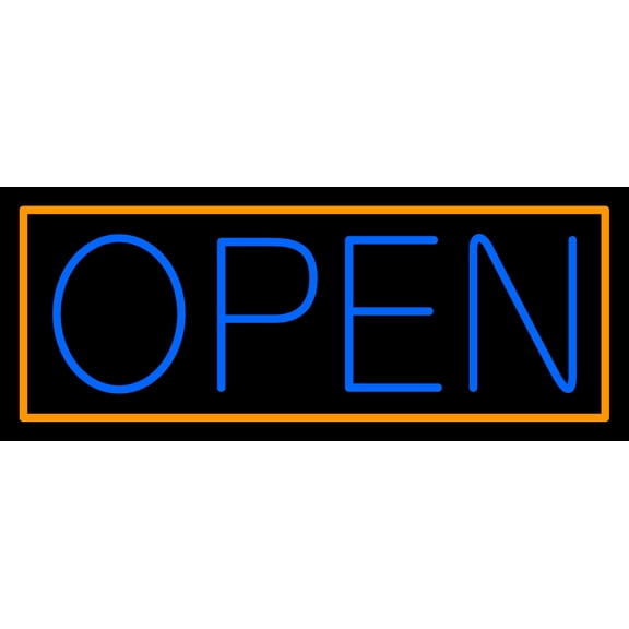 Blue Open With Orange Border LED Neon Sign 13 x 32 - inches, Clear Edge Cut Acrylic Backing, with Dimmer - Bright and Premium built indoor LED Neon Sign for storefront.
