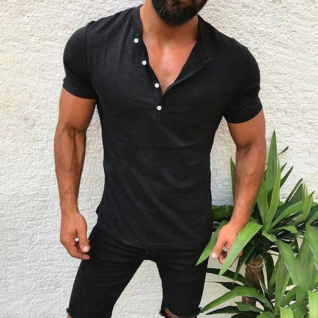 AherBiu Mens Short Sleeve Shirts Button T-Shirts for Men Cotton Basic Athletic Gym T Shirts for Men