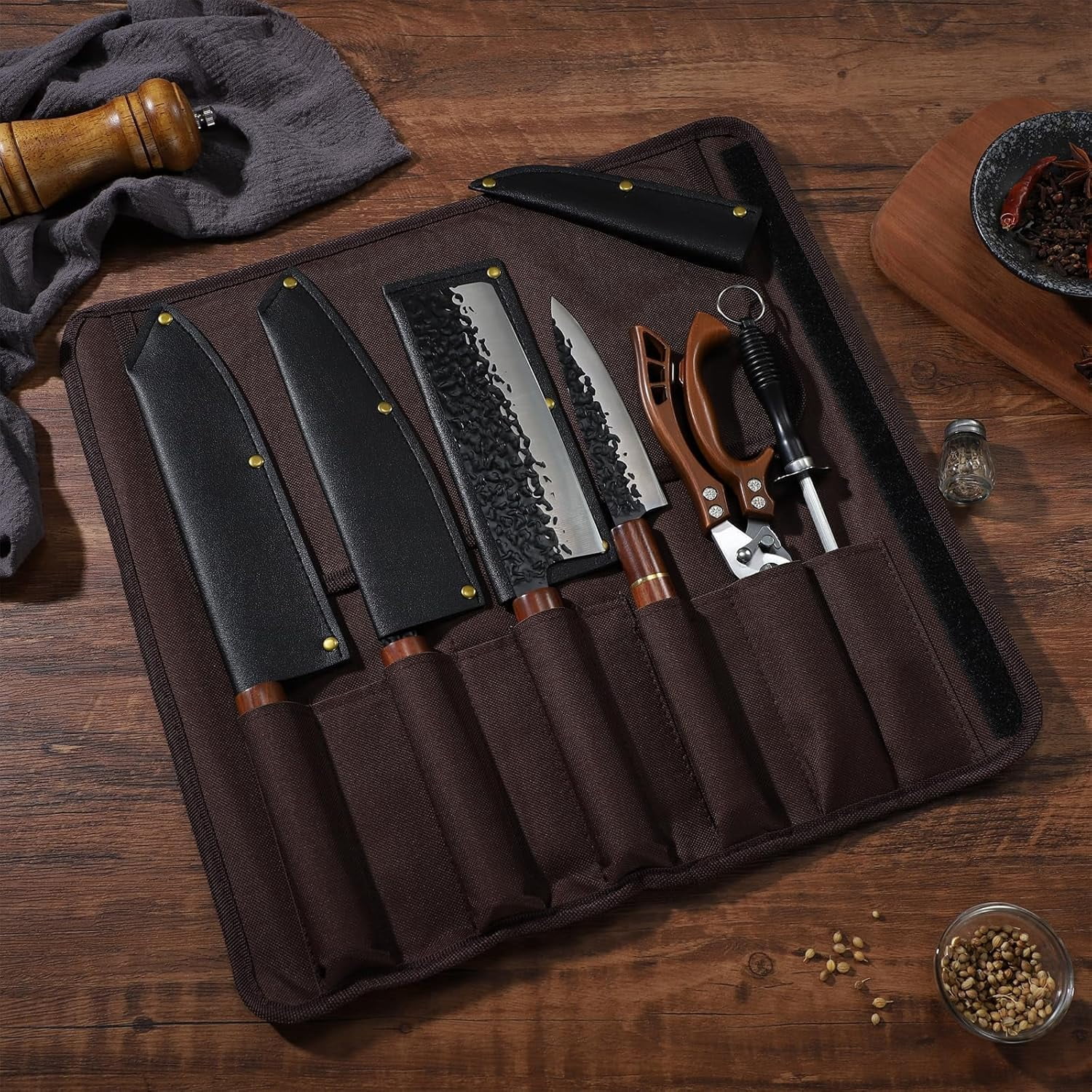 Huusk 6pcs  Knife Set with Covers - Professional Chef Knife Set with Bag & Sharpener, High Carbon Steel Forged Knives Sets with Scissors, Gifts for Men and Friend