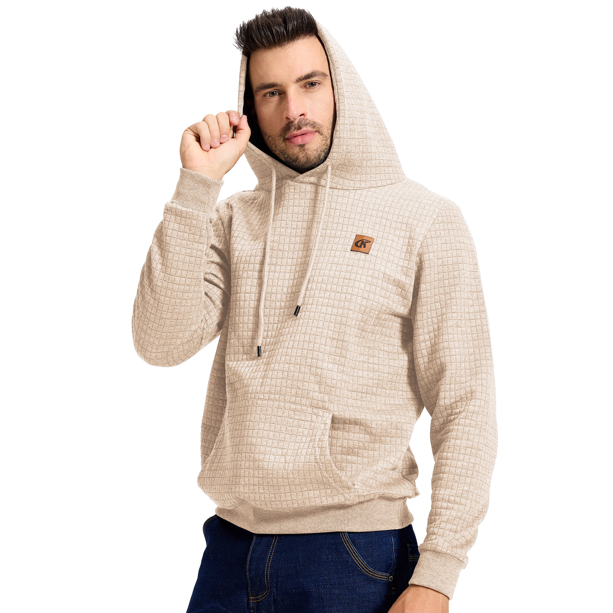 Satankud Men's Pullover Hoodies Plaid Jacquard Weave Long Sleeve Drawstring Hipster Casual Hooded Sweatshirts with Kanga Light Beige L
