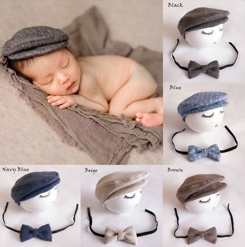 Bow Tie Photography Props Set Newborn Baby Boys Infant Peaked Beanie Cap Hat 