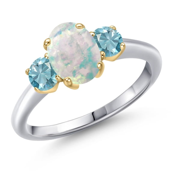 Gem Stone King 925 Silver and 10K Yellow Gold Simulated White Opal and Blue Zircon Engagement Ring for Women | 2.00 Cttw | Oval Cabochon 8X6MM | Gemstone October Birthstone | Size 7