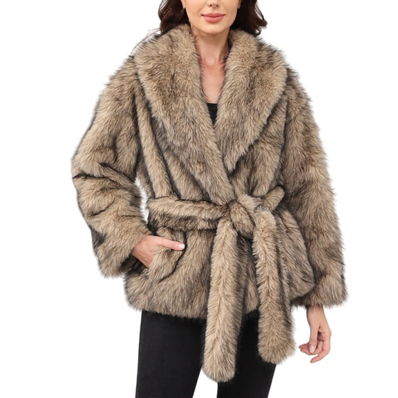 Women's Faux Fur Cardigan Coat, Belted Open Front Jacket, Plush Lined Outerwear, Thickened Long Sleeve Coat, Fashionable Winter Coat with Tie Waist, Warm Fleece Lined Coat Coffee L