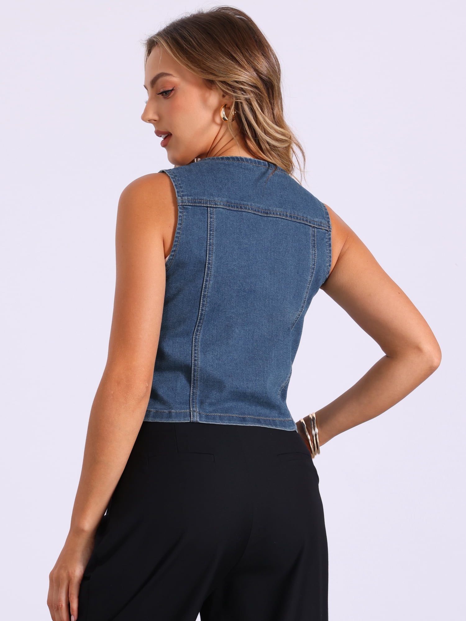 DARING DIVA Women's Denim Vest Jacket Sleeveless Jean with Pockets Top XS Blue