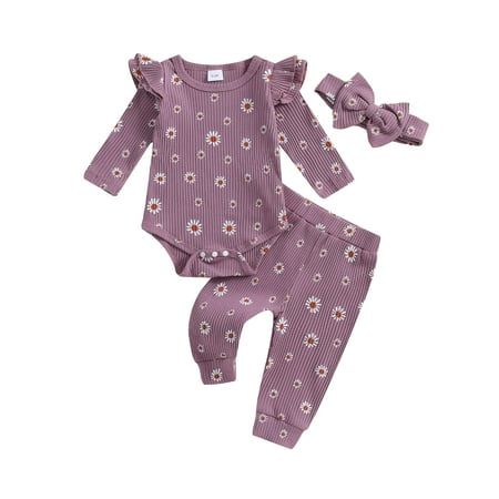 

Shunvnny Baby Girl Ribbed Outfit Daisy Print Long Sleeve Romper Elastic Waist Pants Tie Headband 3 Piece Set