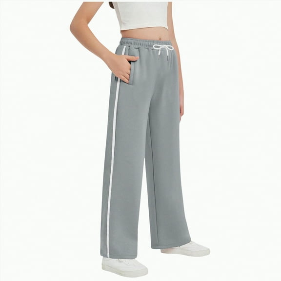 CAICJ98 Girls Cotton Sweatpants Side Striped Wide Leg Pants with Pockets Sports Trousers Girls Sweat Pants (Grey,9-10 Years)