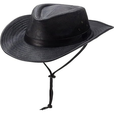 Silver Canyon Men’s Teton Faux Leather Outback Hiking Western Hat w/Chin Cord, Black
