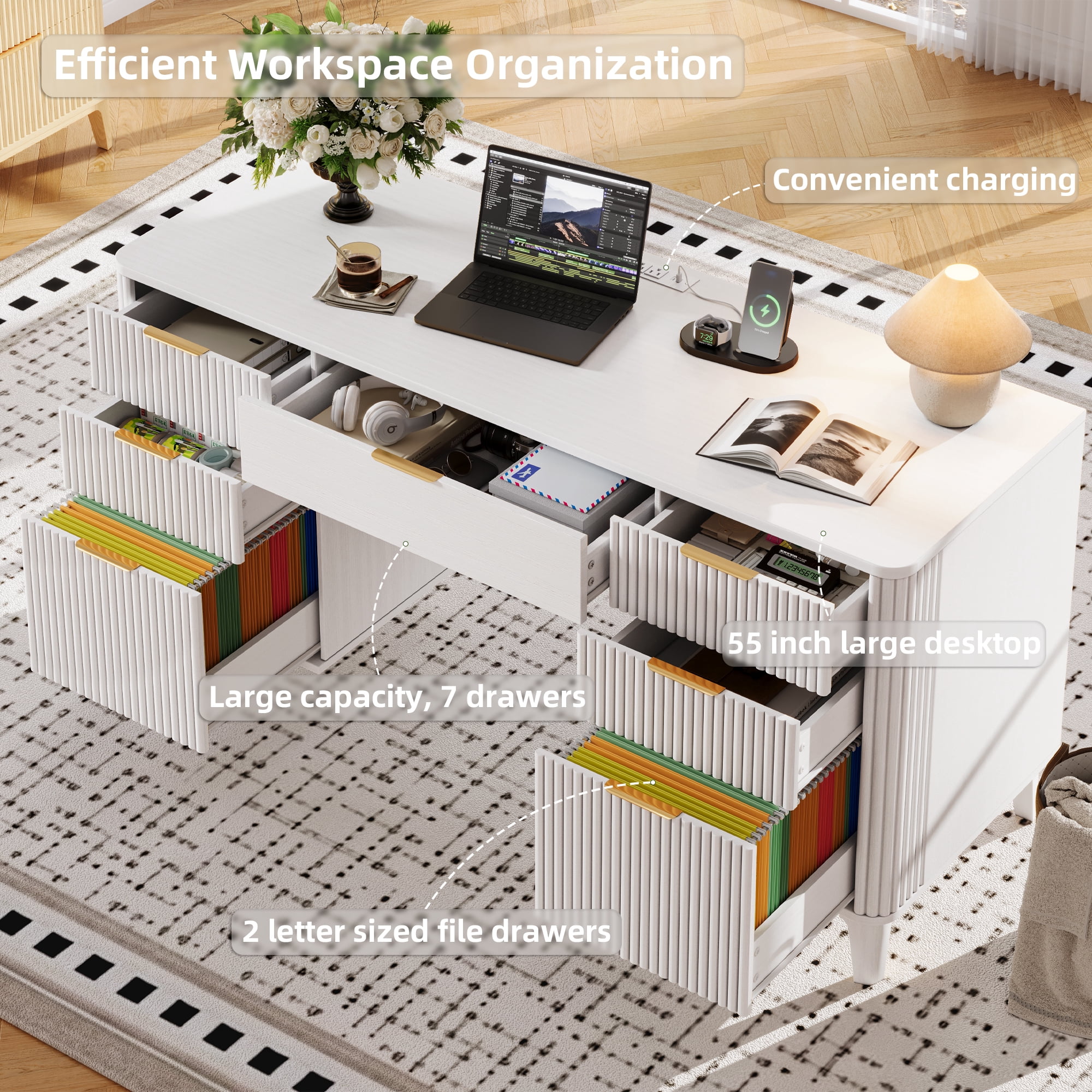 UGTOO White Modern 7-Drawer Desk with Power Strip – Home Office Storage & USB Charging Station (55.1" L x 19.6" W)