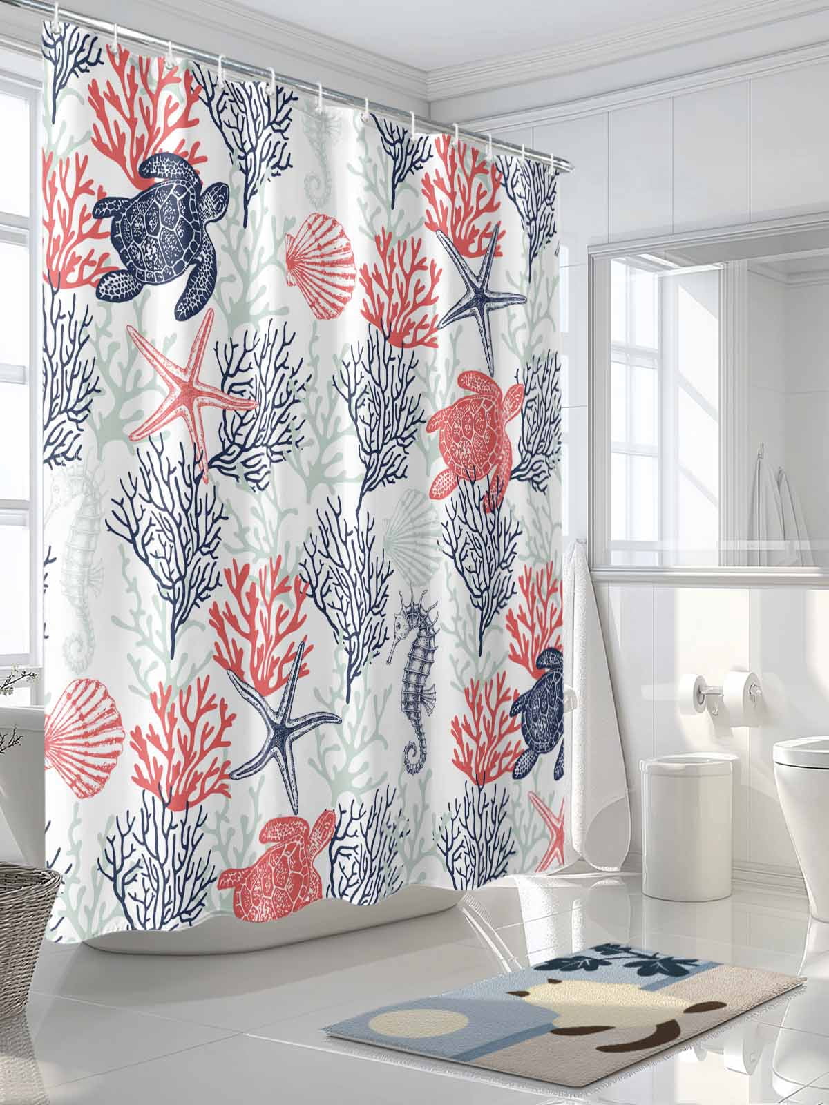 Boanket Polyester Fabric Blue Red Coastal Shower Curtain, Sea Turtle Nautical Coral Summer Beach Waterproof Bathtub Curtain Bathroom Decor Set with Hooks 60 x 72 Inches,
