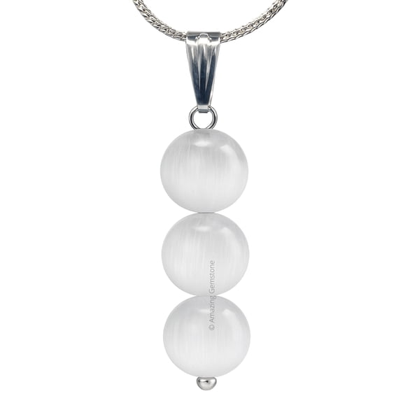 Selenite Bead Necklace - Silver Necklace Pendant Jewelry for Women