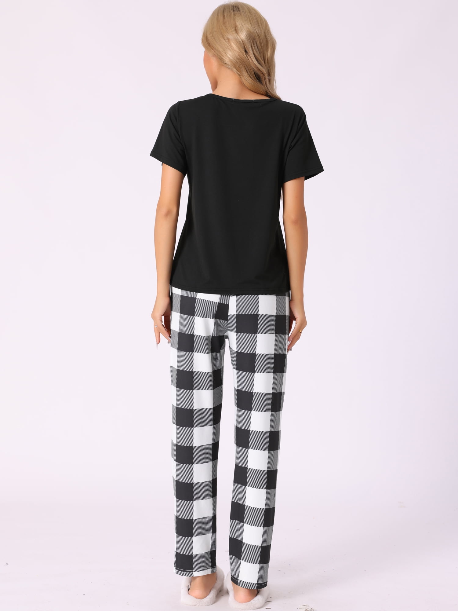 DARING DIVA Women's Plaid Short Sleeve Tops with Pants Pajama Sets L White