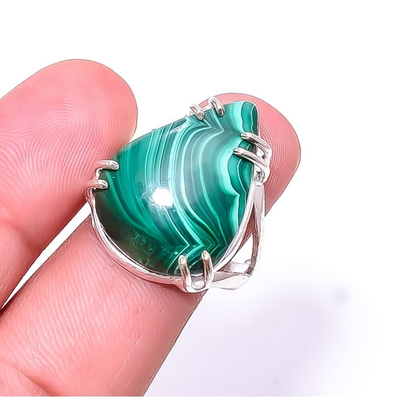 Malachite -Congo Solitaire Gemstone Handmade 925 Silver Plated Ring s.8.5, Green Malachite Ring R_8024_295_114