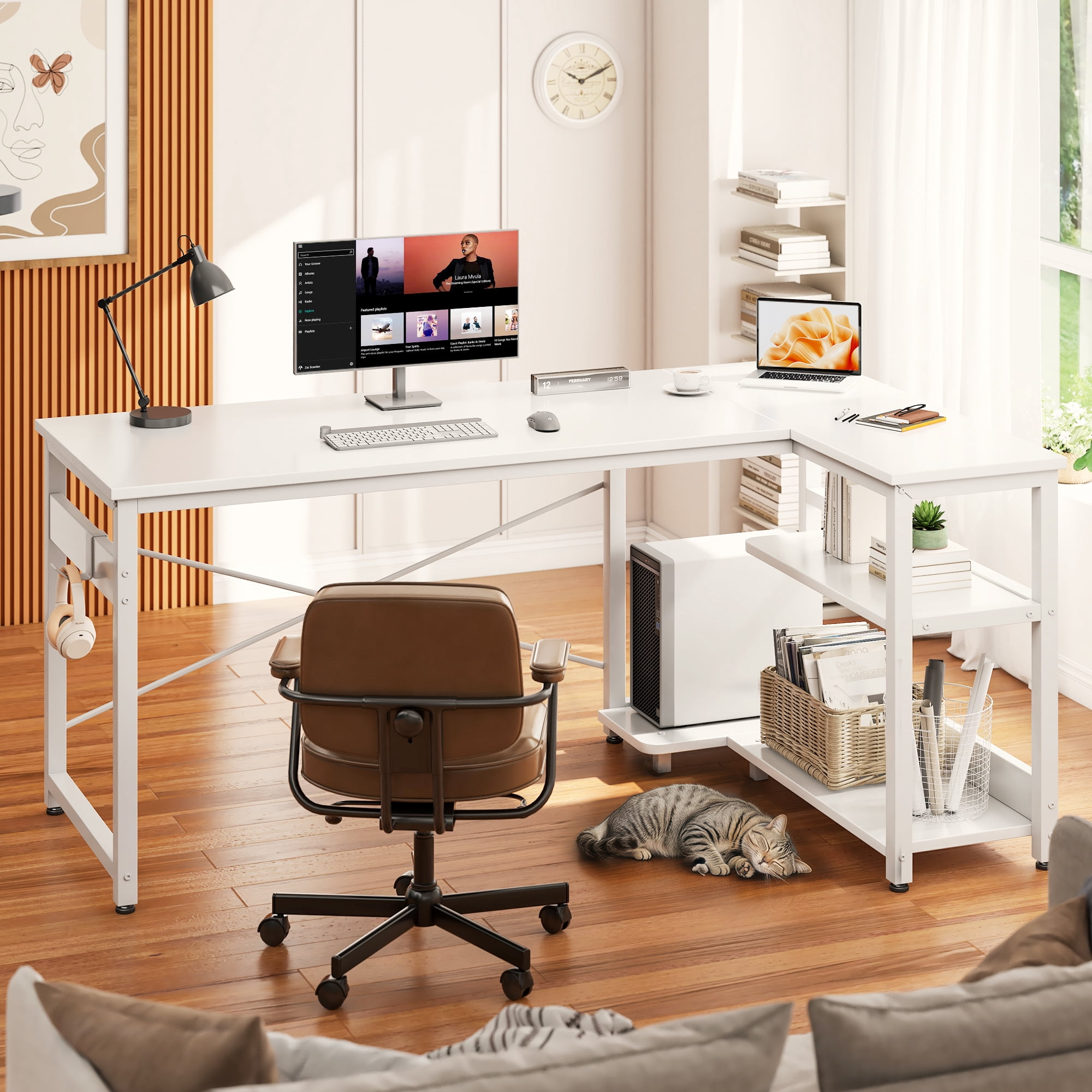 Casacomoda 48 Inch L Shaped Computer Desk with Storage Shelves & CPU Stand, Spacious Corner Desk with Headphone Hook, Home Office Desk, Reversible, White