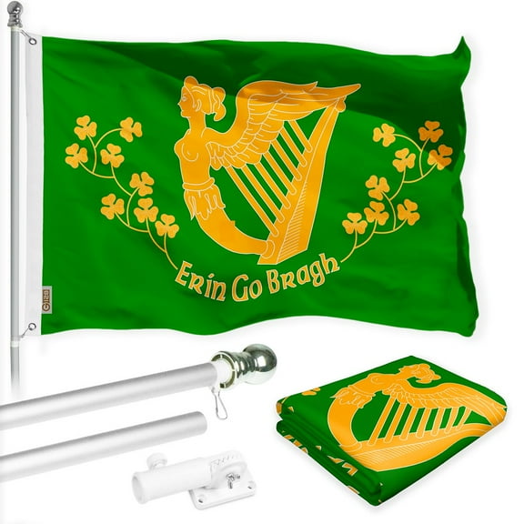 G128 Combo Pack: 6 Ft Tangle Free Spinning Flagpole (Silver) & Erin Go Bragh Flag 3x5 Ft Printed 150D Polyester, Brass Grommets (Flag Included) Aluminum Flag Pole