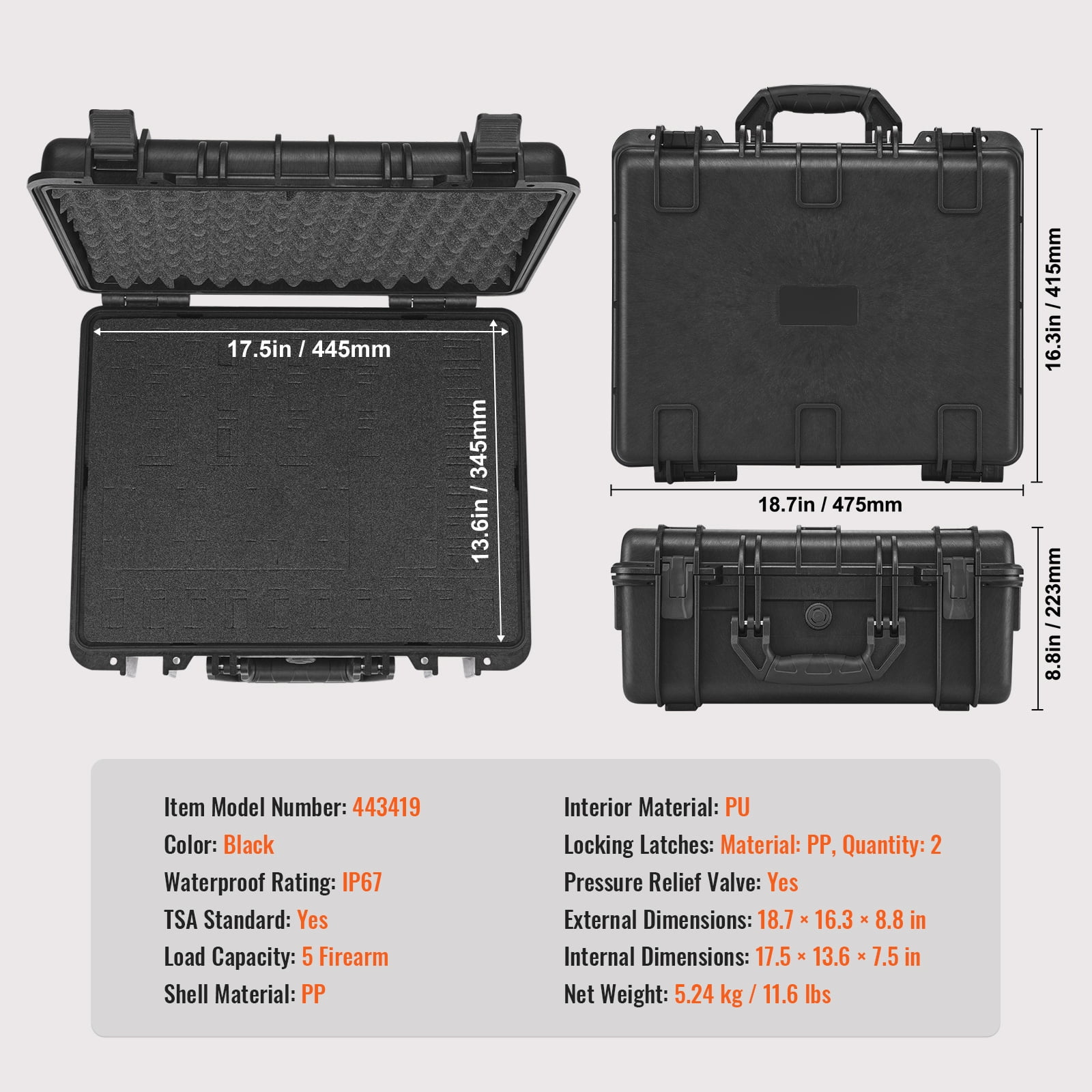 KFFKFF Durable Pistol Containers, Water-Resistant & Dust-Free, Secure Storage for Up to 5 Pistols, Dimensions 18.9x16.3x8.5 Inches, Features Lock Mechanism, Color: Black