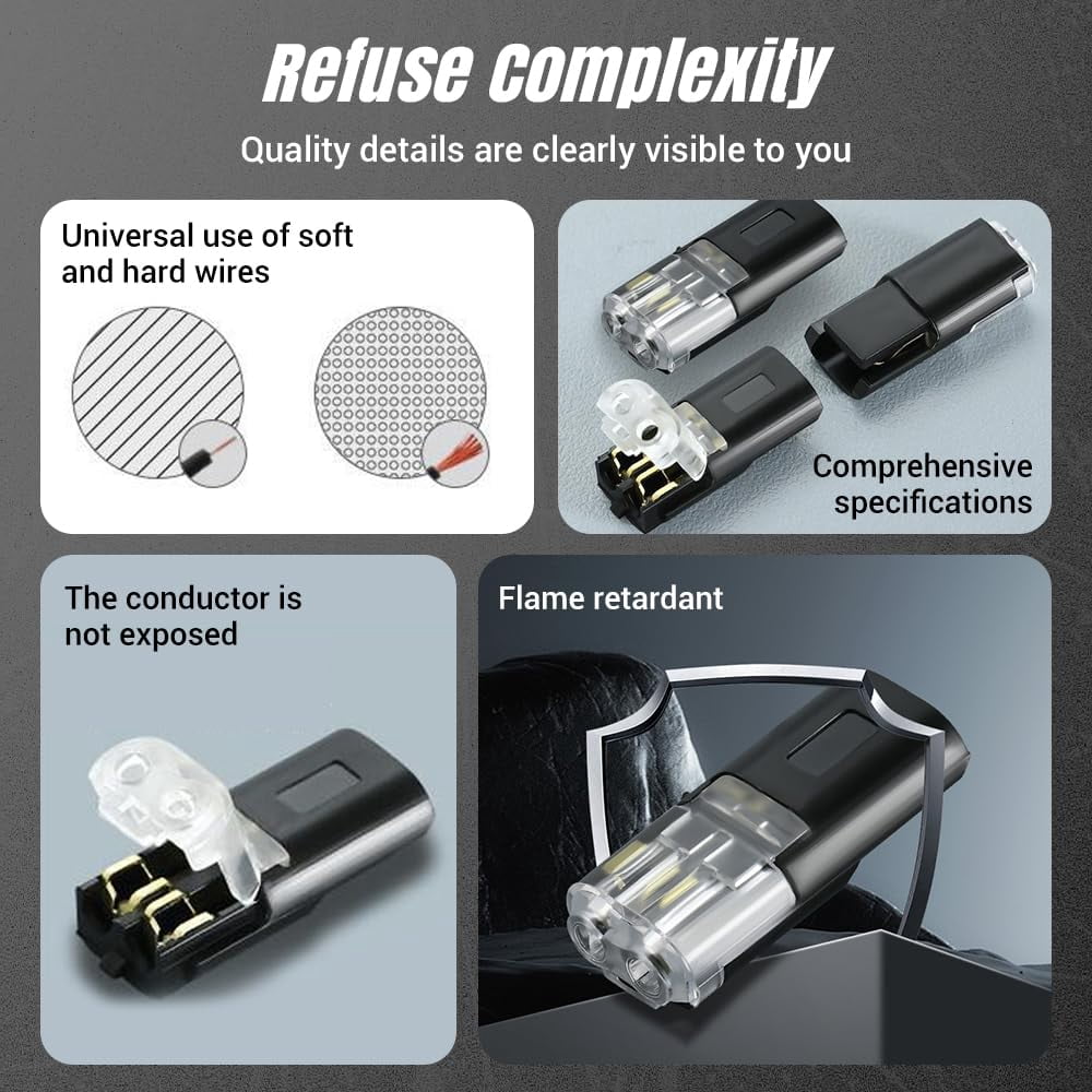 Dual-Wire Insert-Type Wire Connector with Locking Latch — Flame-Retardant, Self-Locking Quick-Connect Terminal; Suitable for Emergency Repairs, Home, and Automotive Wiring; Easy to Use.(Black50PCS)