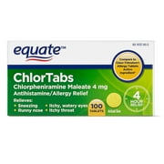 (2 pack) (2 Pack) Equate ChlorTabs Chlorpheniramine Antihistamine Tablets, 4 mg, 100 Ct