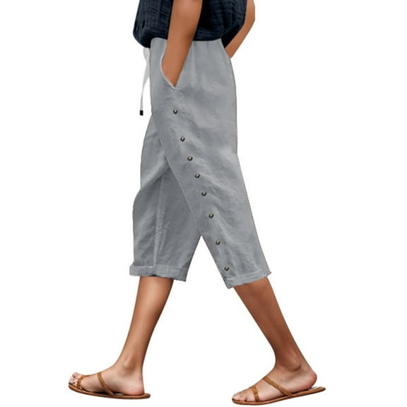 Women's Sweatpants Petite Short Length Women's Summer Lightweight Linen Solid Tie Waist Side Button Pocket Capri Pants Comfortable High Waisted Casual Cropped Pants for Women Stylish and Breathable