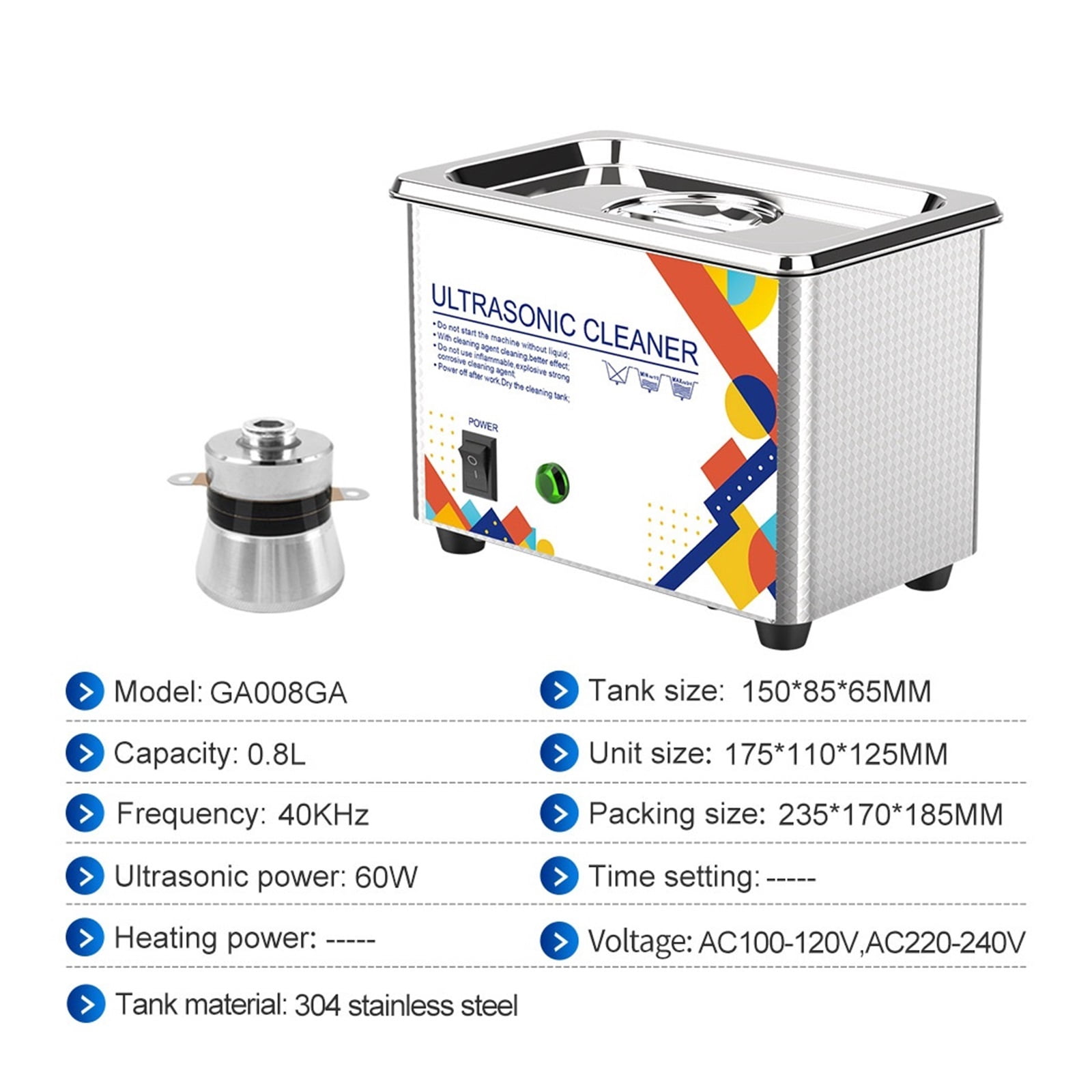 Ultrasonic Cleaner 800ML 1L 40KH 35W 60W Easy Operation Jewelry Glasses Makeup Washer Bath
